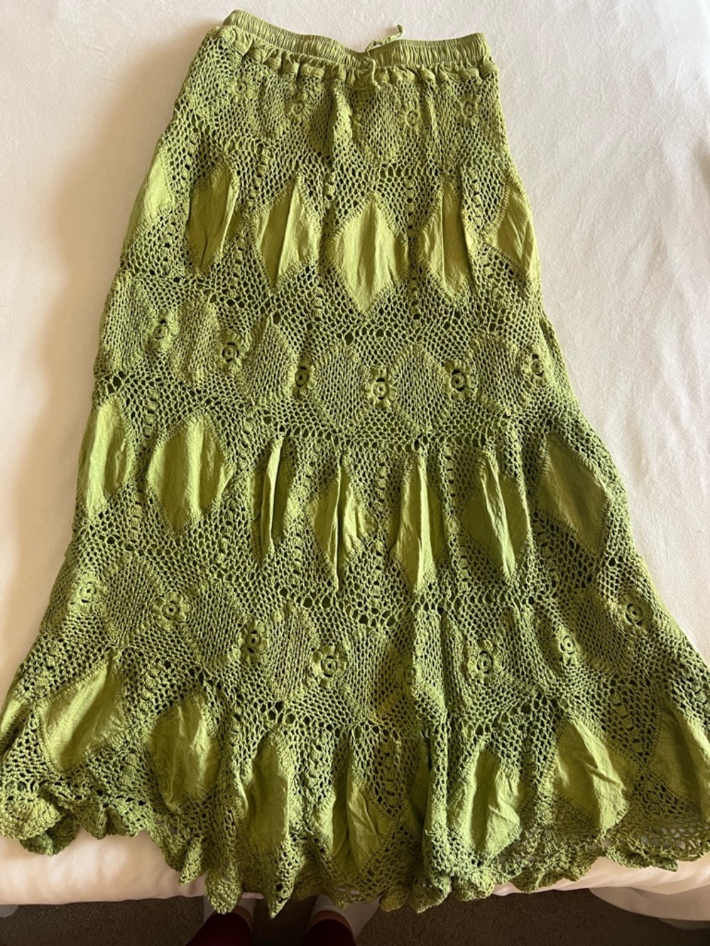 The Little Bazaar Boho Crochet Panel Maxi Skirt - Olive Green